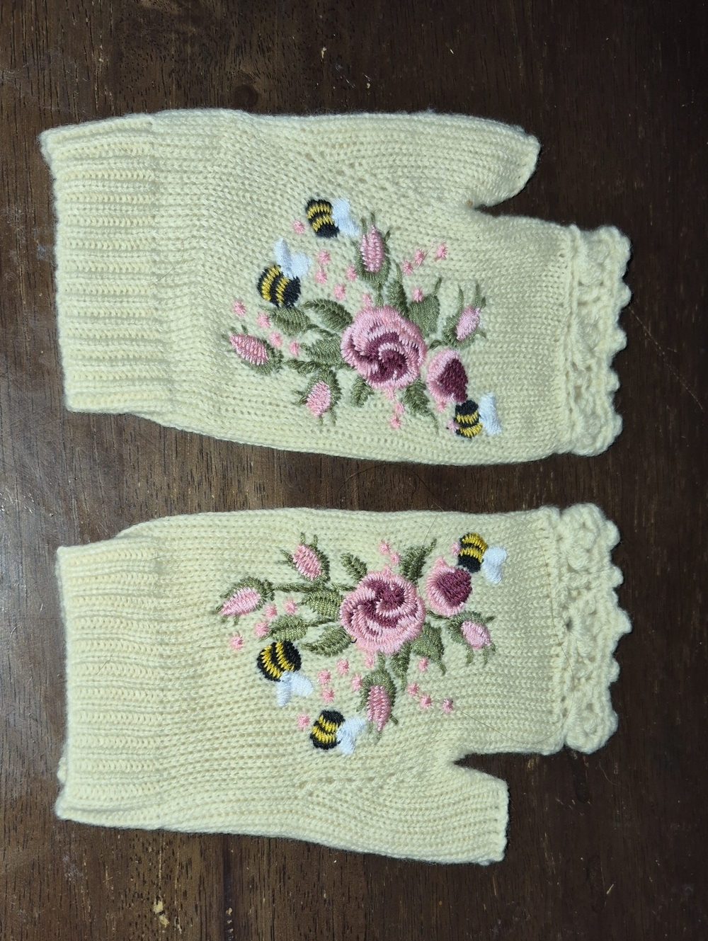 Yellow Floral Embroidered Fingerless Gloves